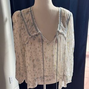 Free People Floral V-Neck Blouse - Cream and Light Blue
